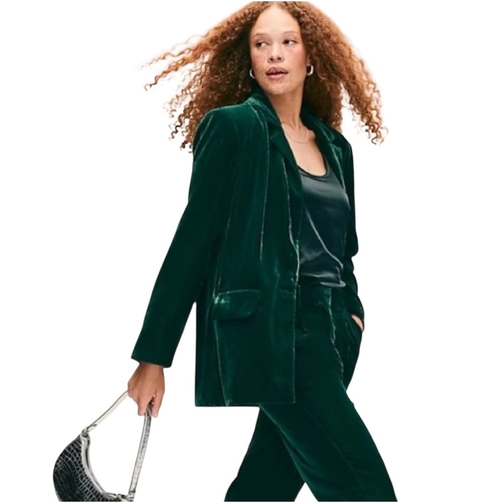 Old Navy Womens XL Petite Bottle Green Velvet Oversized Single Button Blazer